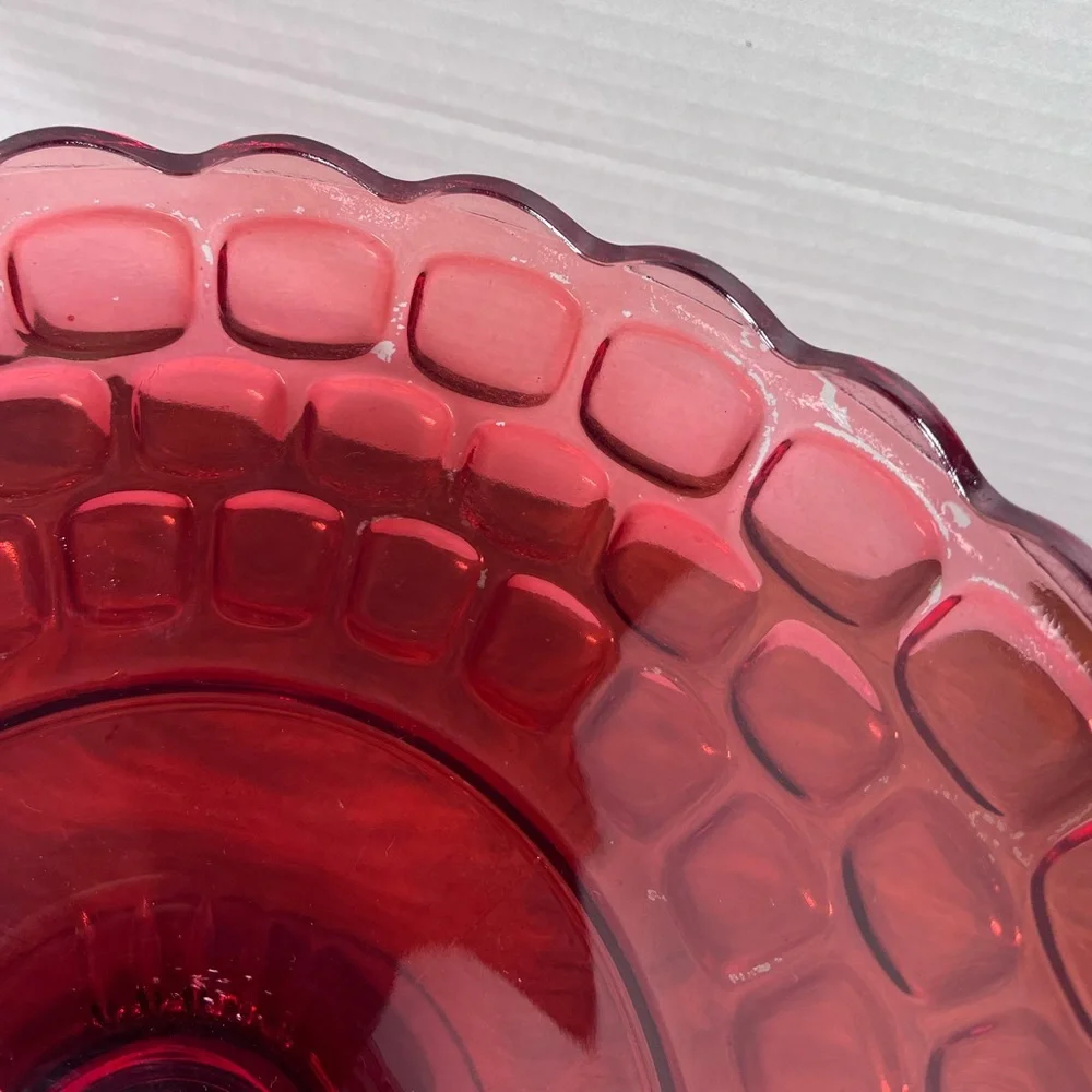 Vintage Federal Glass Yorktown Colonial Ruby Red Thumbprint Footed Bowl 10”